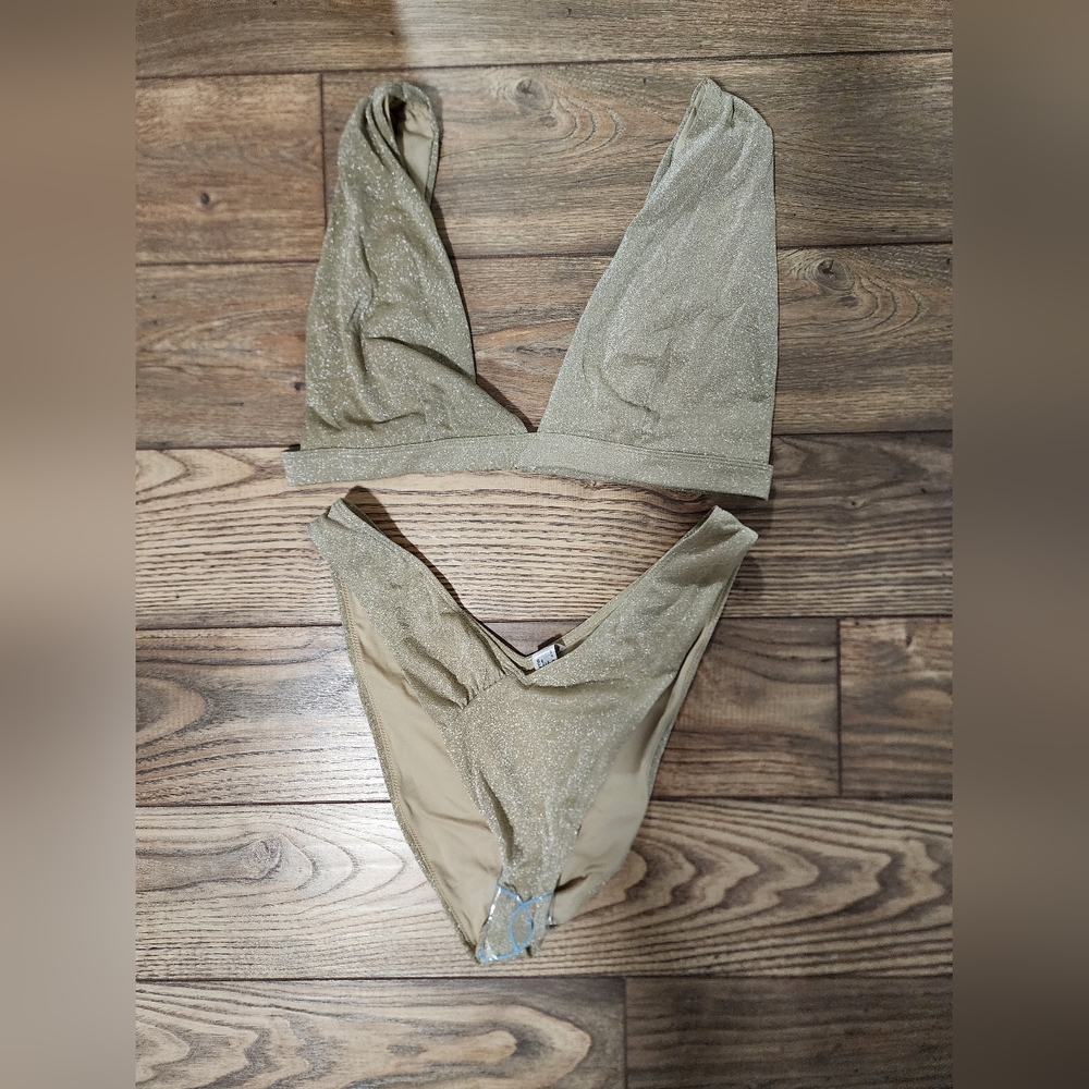 Shimmer two piece swim set thick straps on top high leg cheeky bottoms